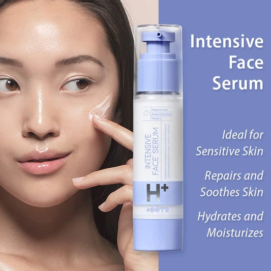 Model applying #OOTD Intensive Moisture Face Serum to the cheek beside the bottle with sensitive skin, soothing, and hydration callouts.