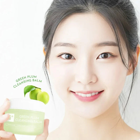 #OOTD Green Plum Cleansing Balm 100ml jar and packaging detail on a white background.