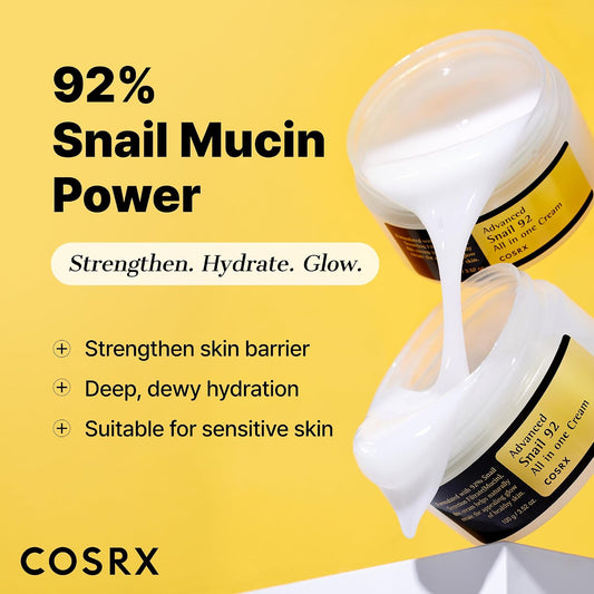 COSRX Snail 92 cream graphic with two open jars and stretchy white cream, highlighting 92% snail mucin, hydration and barrier care.