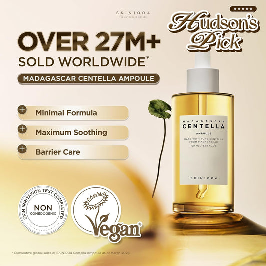 SKIN1004 Centella Ampoule banner reporting over 27 million sold worldwide, with a bottle, Centella leaf, vegan and non-comedogenic icons.