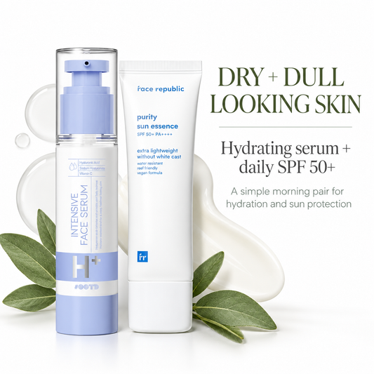 Both products in a dry and dull looking skin hydration and daily SPF 50+ benefit panel