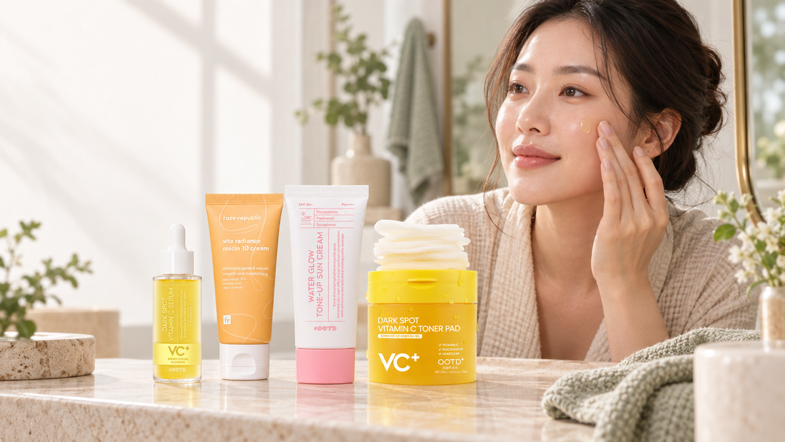 Woman applying serum to her cheek beside four Korean skincare products for dark spots and uneven-looking tone.