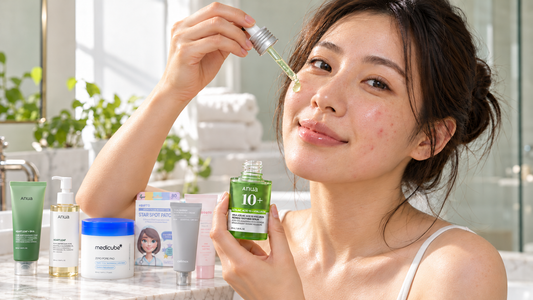 Young woman with realistic acne-prone skin applying light green ANUA Azelaic Acid 10 serum, with featured Korean skincare products on the bathroom counter