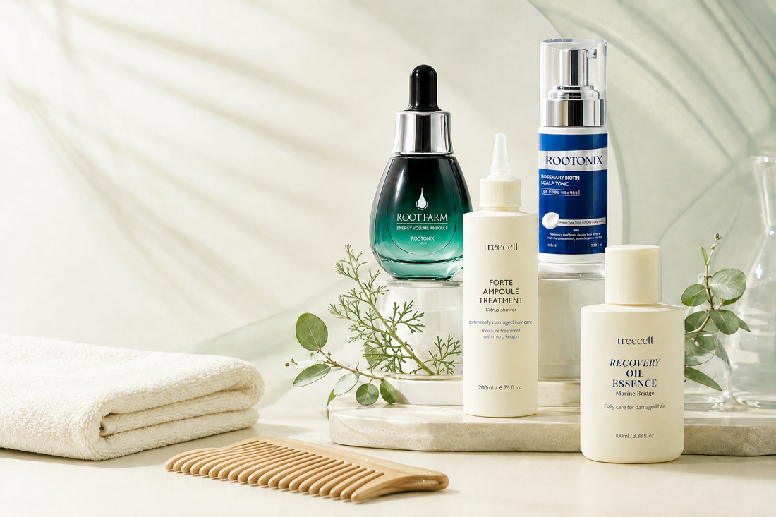 Four Korean hair care products arranged with a folded towel, wide-tooth comb, and botanical sprigs on a cream and pale sage background.