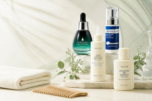 Four Korean hair care products arranged with a folded towel, wide-tooth comb, and botanical sprigs on a cream and pale sage background.