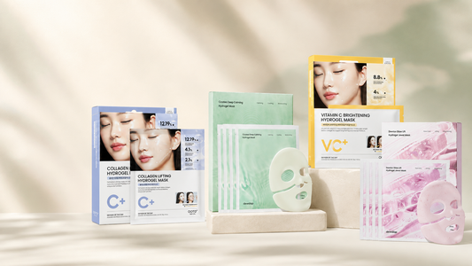 Four Korean hydrogel masks from Haven Co. Beauty arranged in an editorial product scene
