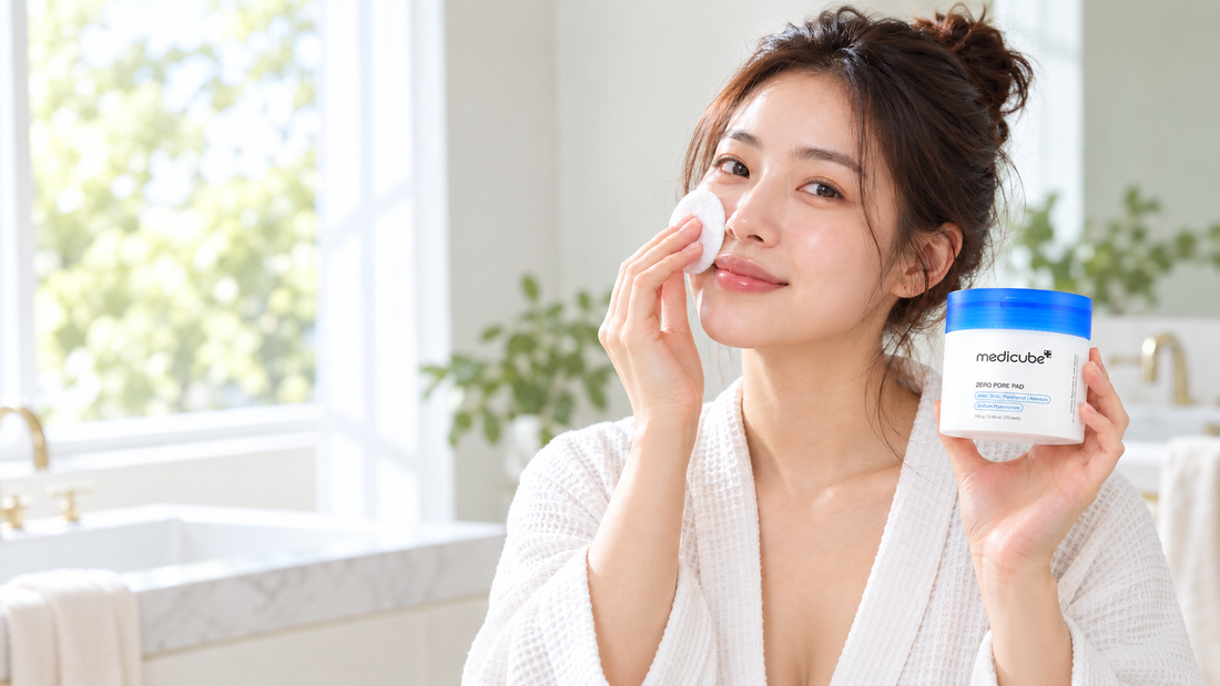 Young woman applying a medicube Zero Pore Pad 2.0 toner pad while holding the product in a bright bathroom