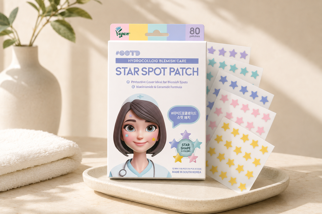 #OOTD Star Spot Pimple Patch, 80 Dots box with colorful star shaped hydrocolloid patch sheets arranged on a warm stone tray.
