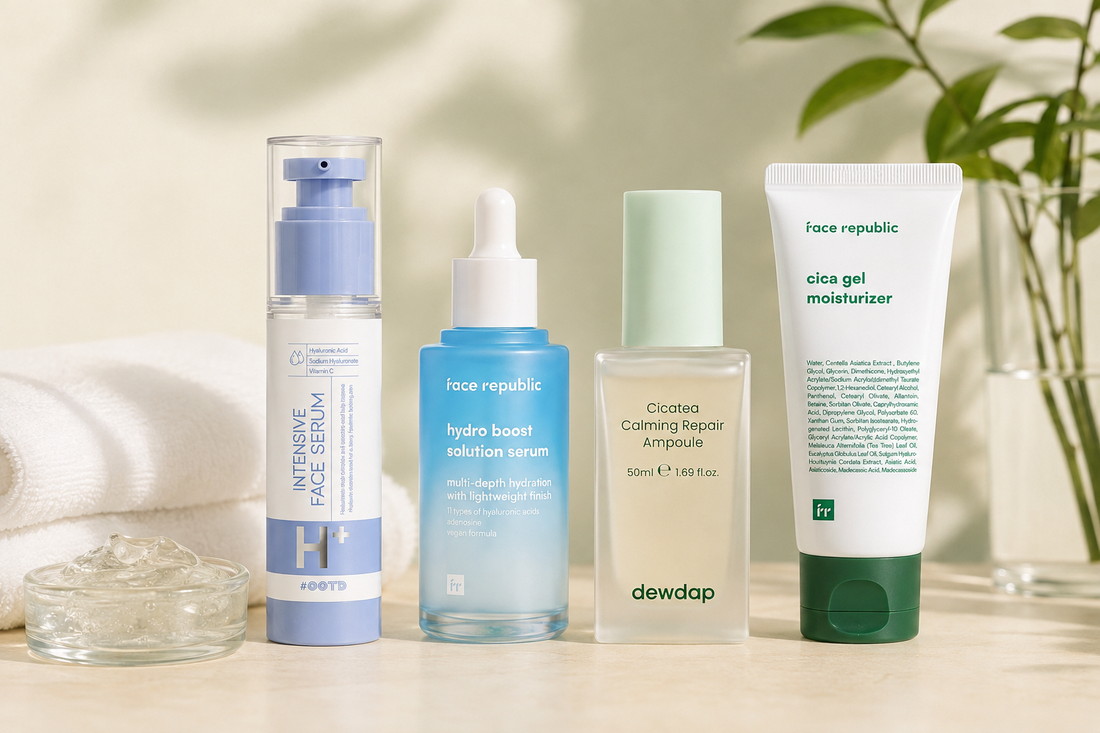 Haven Co. Beauty serum and moisturizer products arranged in a Korean skincare routine.