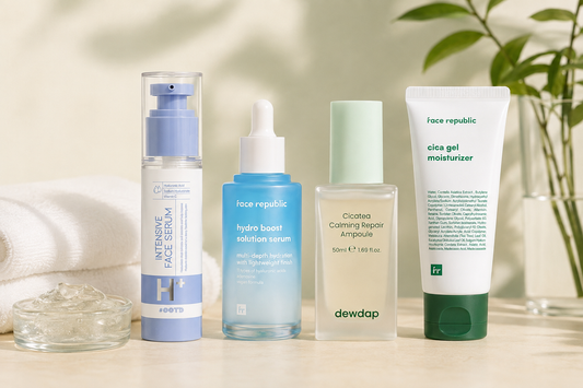 Haven Co. Beauty serum and moisturizer products arranged in a Korean skincare routine.