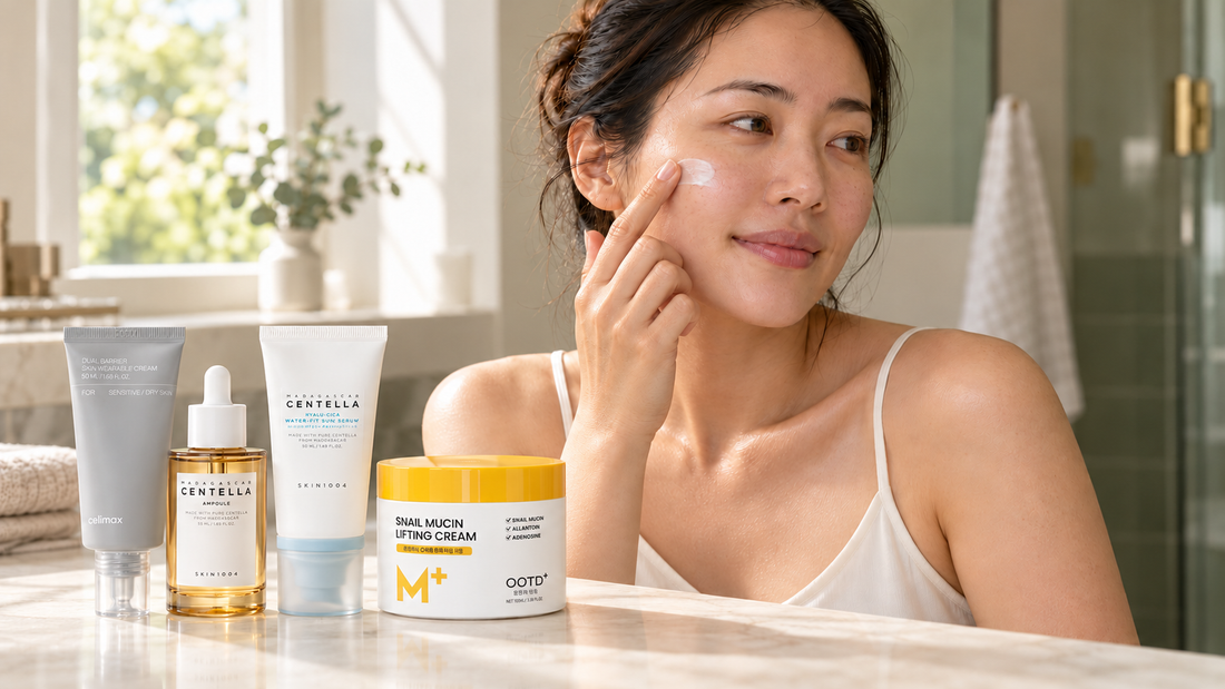 Woman applying moisturizer with her index finger beside celimax barrier cream, SKIN1004 ampoule and SPF 50 sunscreen, and #OOTD snail cream.