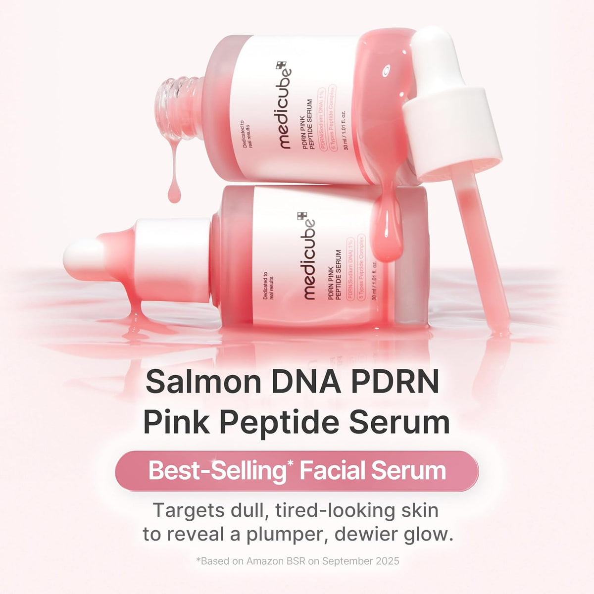 Medicube Salmon DNA PDRN Pink Peptide Serum product graphic with pink serum bottles and a pink glow benefit headline.