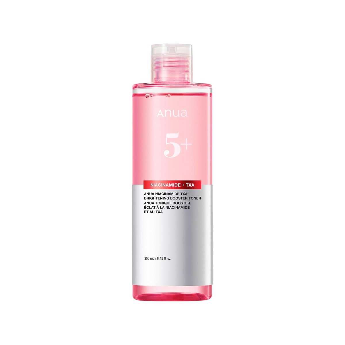 ANUA Niacinamide 5% TXA Brightening Booster Toner 250ml pink bottle with a clear cap on a white background.