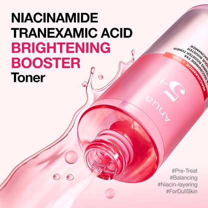 ANUA Niacinamide TXA Brightening Booster Toner bottle pouring pink liquid, with a brightening skin-prep panel.