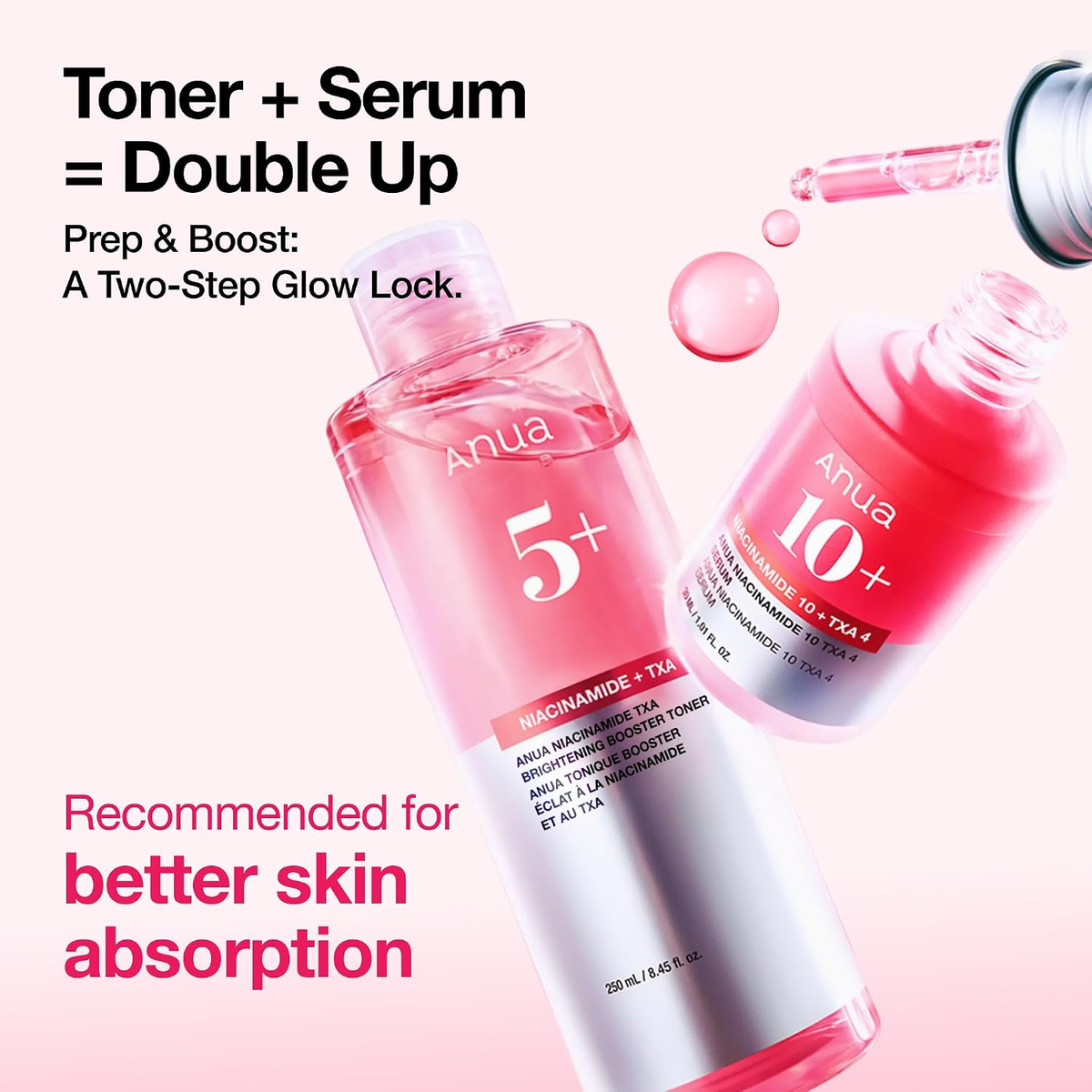 ANUA Niacinamide TXA toner and serum bottles with a dropper, illustrating a two-step prep-and-boost routine.