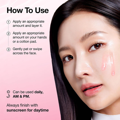 Model with toner on her cheek; apply with hands or a cotton pad, pat gently, use morning and night, then daytime sunscreen.