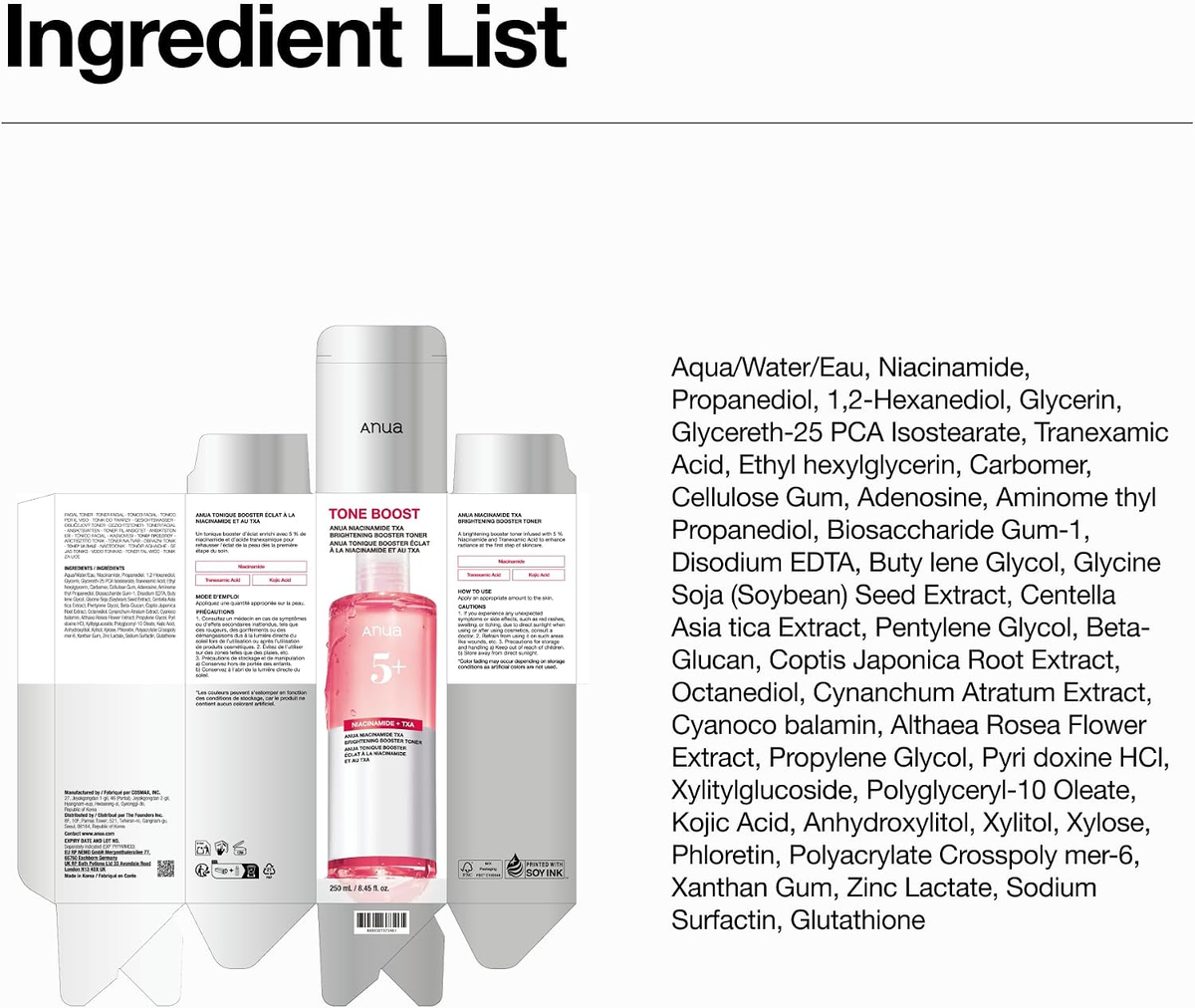 Back of ANUA Niacinamide TXA toner bottle and unfolded carton beside the full ingredient list.