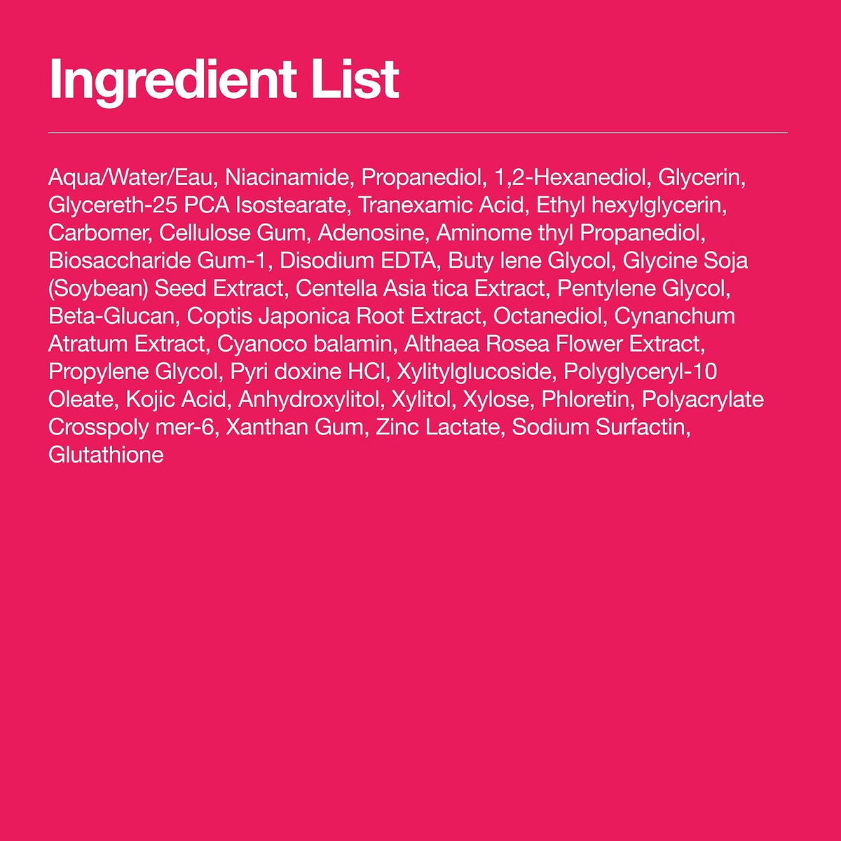 Full ingredient list for ANUA Niacinamide TXA Brightening Booster Toner in white text on a pink background.