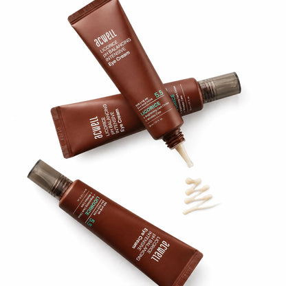 Three ACWELL Licorice pH Balancing Intensive Eye Cream tubes with cream texture swatches