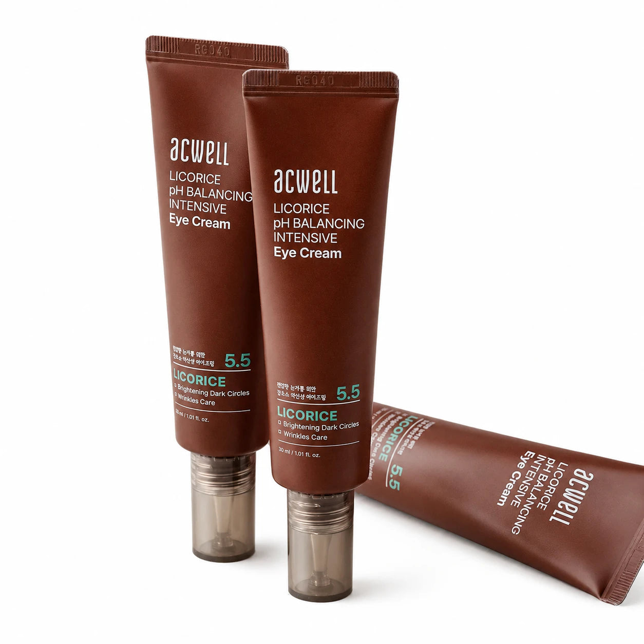 ACWELL Licorice pH Balancing Intensive Eye Cream tubes arranged on white background