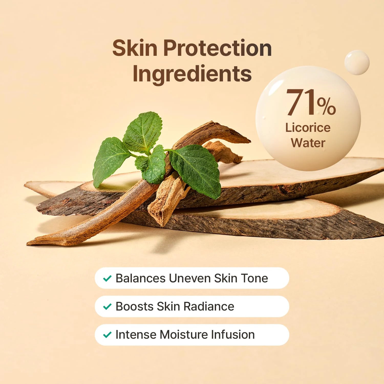 ACWELL licorice serum bottle beside licorice roots and mint