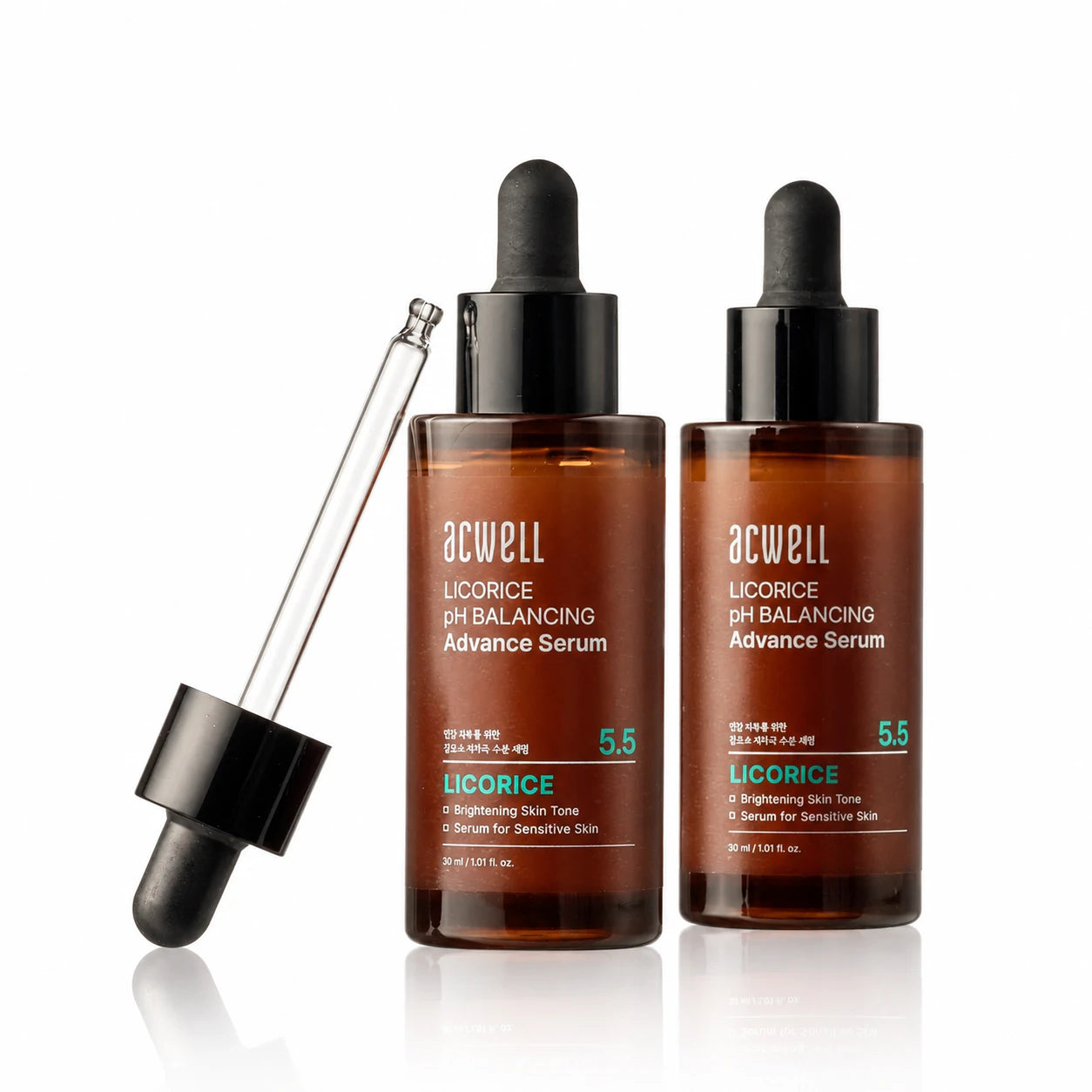 Two ACWELL 5.5 Licorice Facial Serum bottles with a dropper