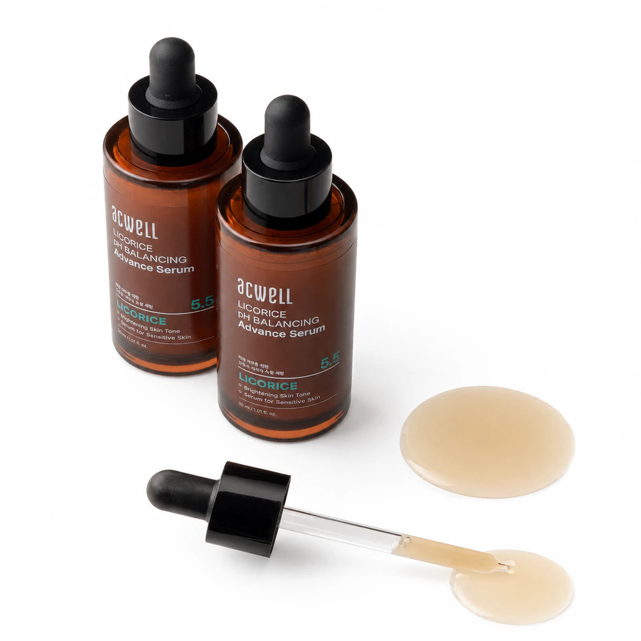 ACWELL licorice serum bottles with serum swatches