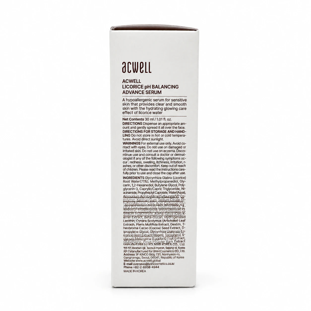 Back of ACWELL licorice serum box with ingredients and product bottle
