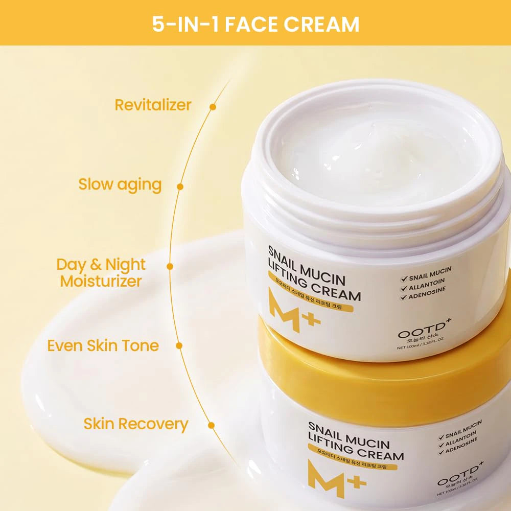 #OOTD Snail Mucin Lifting Cream product graphic showing the jar and routine use callouts.