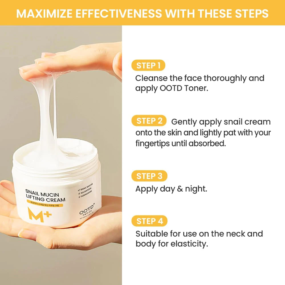 #OOTD Snail Mucin Lifting Cream use graphic showing cleansing and cream application.