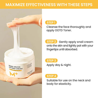 #OOTD Snail Mucin Lifting Cream use graphic showing cleansing and cream application.