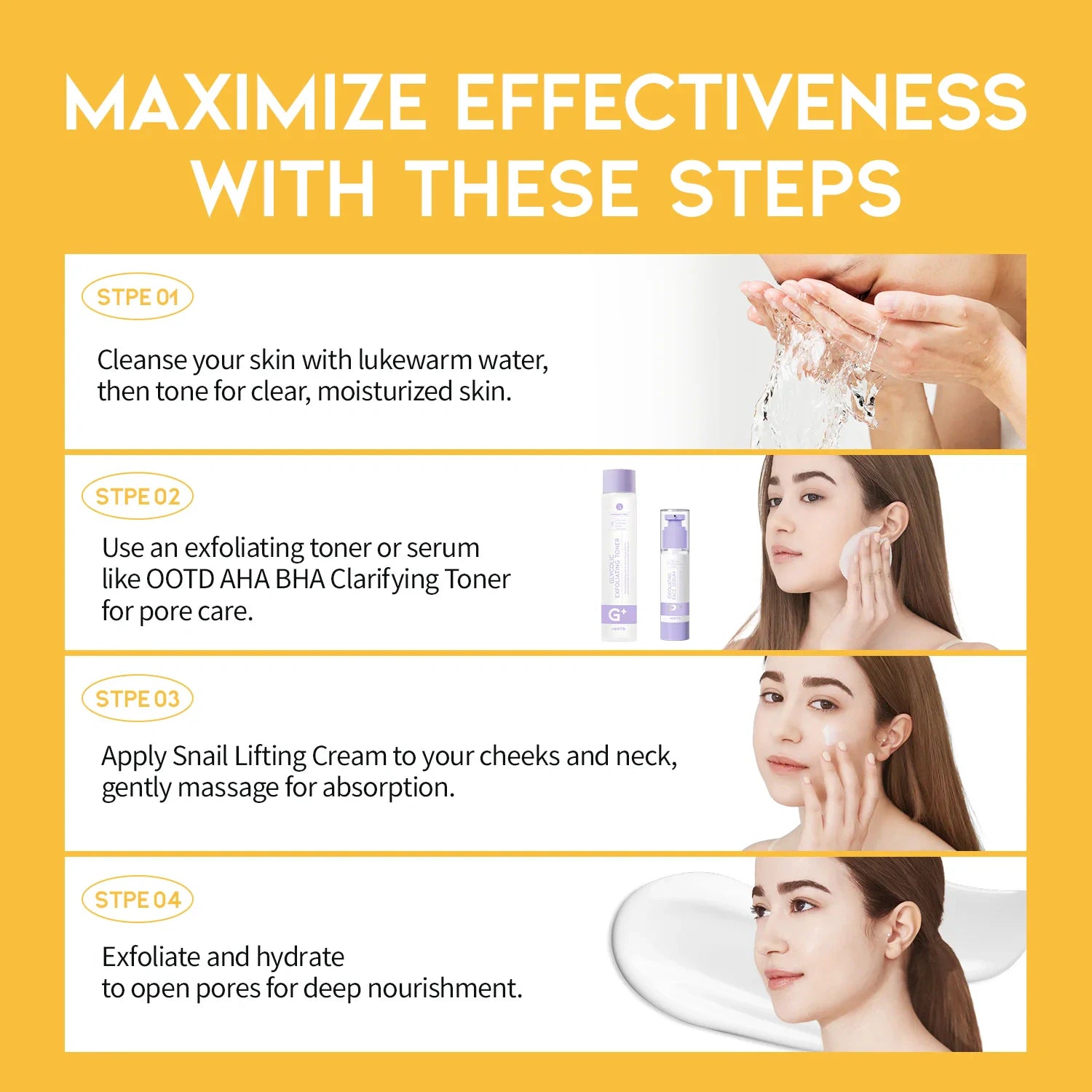 #OOTD Snail Mucin Lifting Cream routine graphic showing cleansing, toner or serum, and cream application.