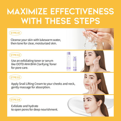 #OOTD Snail Mucin Lifting Cream routine graphic showing cleansing, toner or serum, and cream application.