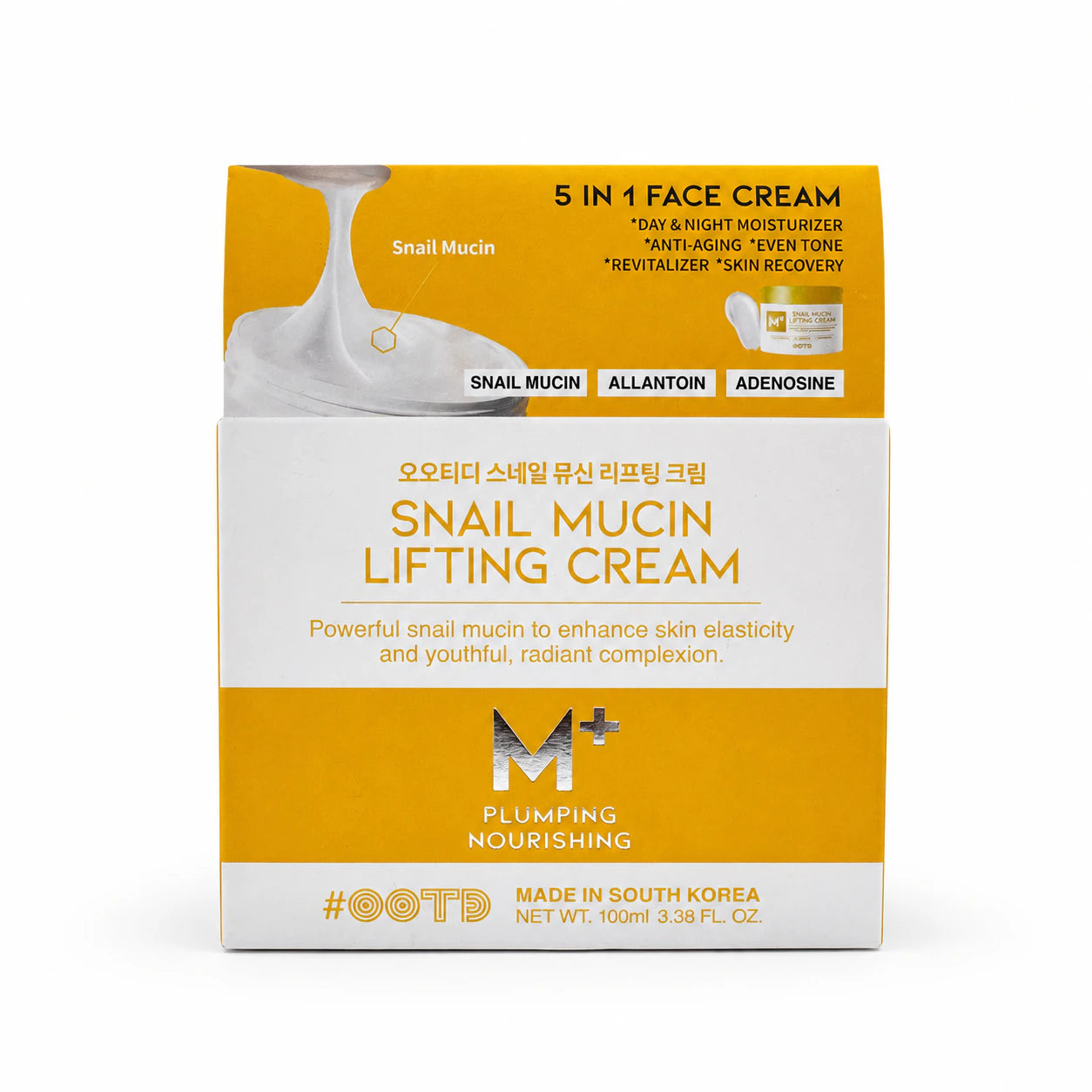 Front of #OOTD Snail Mucin Lifting Cream 100 ml carton with product description and ingredient callouts.