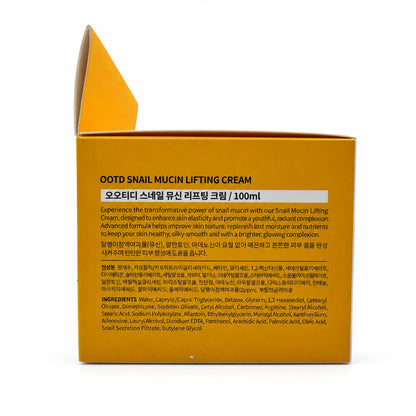Open #OOTD Snail Mucin Lifting Cream carton showing product description and ingredient information.