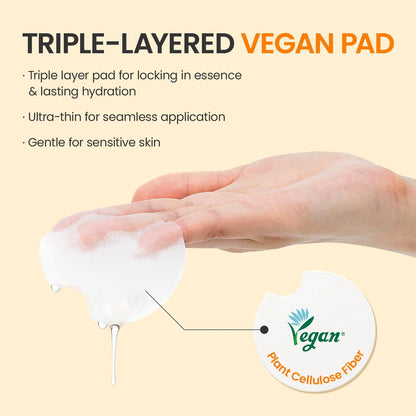 Hand holding a layered toner pad with plant cellulose fiber callout.