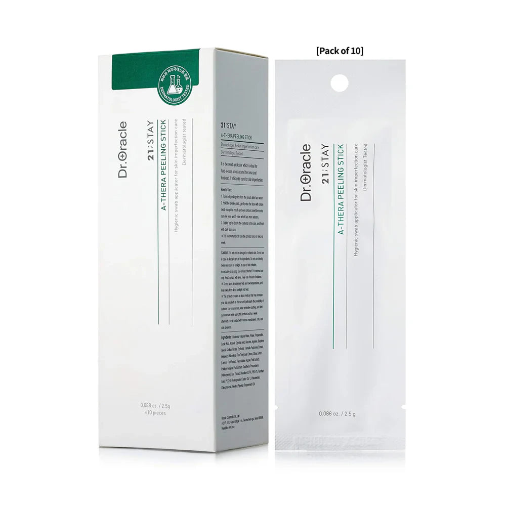 Dr. Oracle 21;Stay A-Thera Peeling Stick box and individual sachet from the 10-stick pack.