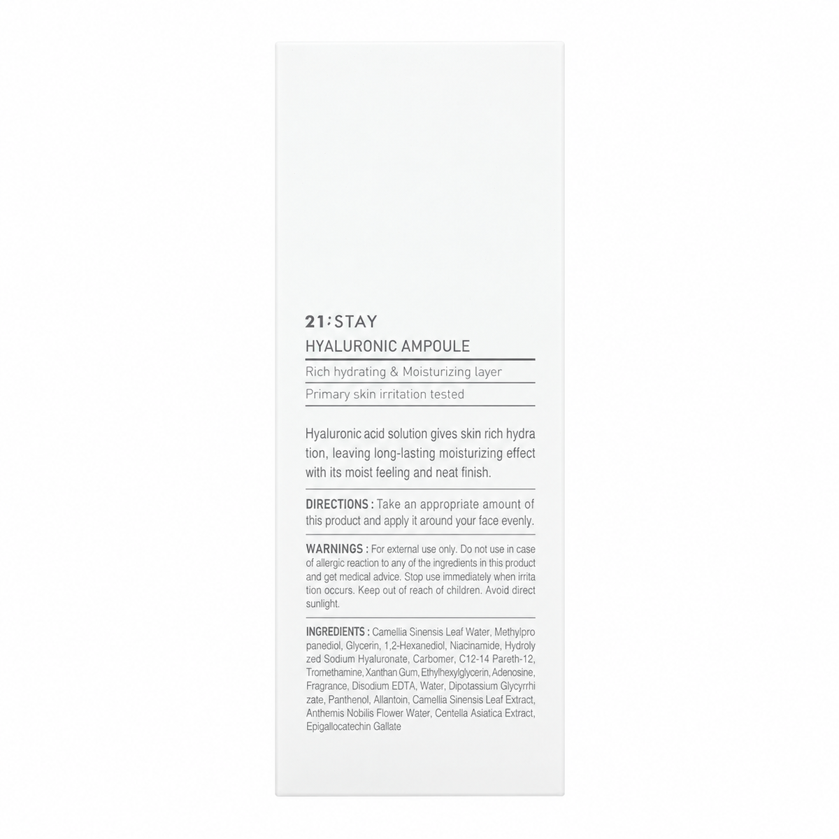 Dr. Oracle 21;Stay Hyaluronic Ampoule 30ml packaging with full ingredient list and directions.