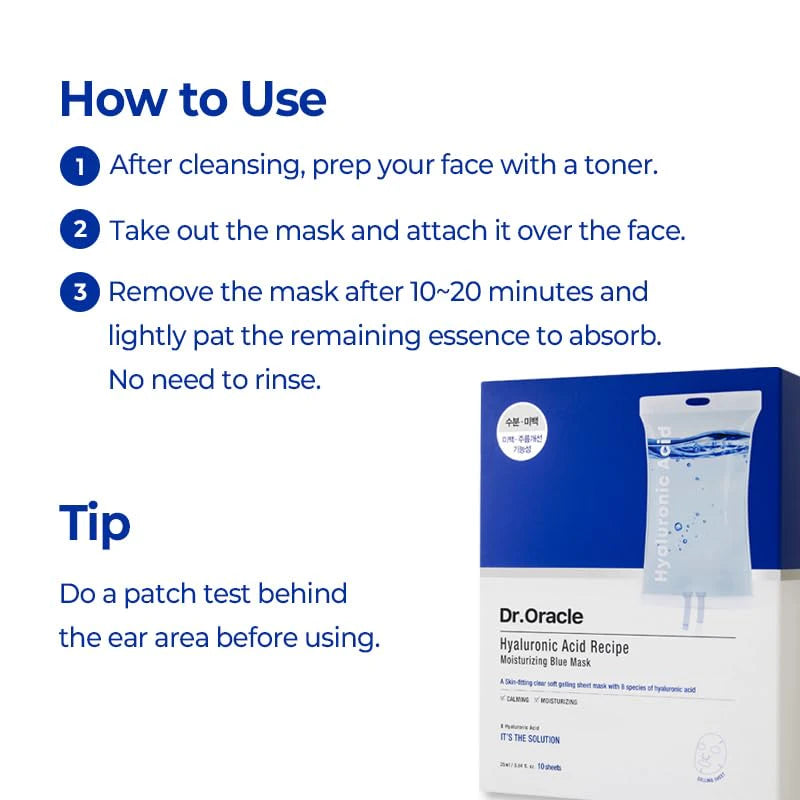 Dr. Oracle Hyaluronic Acid Recipe Moisturizing Blue Mask (10 Sheets) Korean Masks