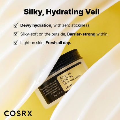 COSRX Advanced Snail 92 cream jar surrounded by silky white cream, with messages about hydration, softness and a light feel.
