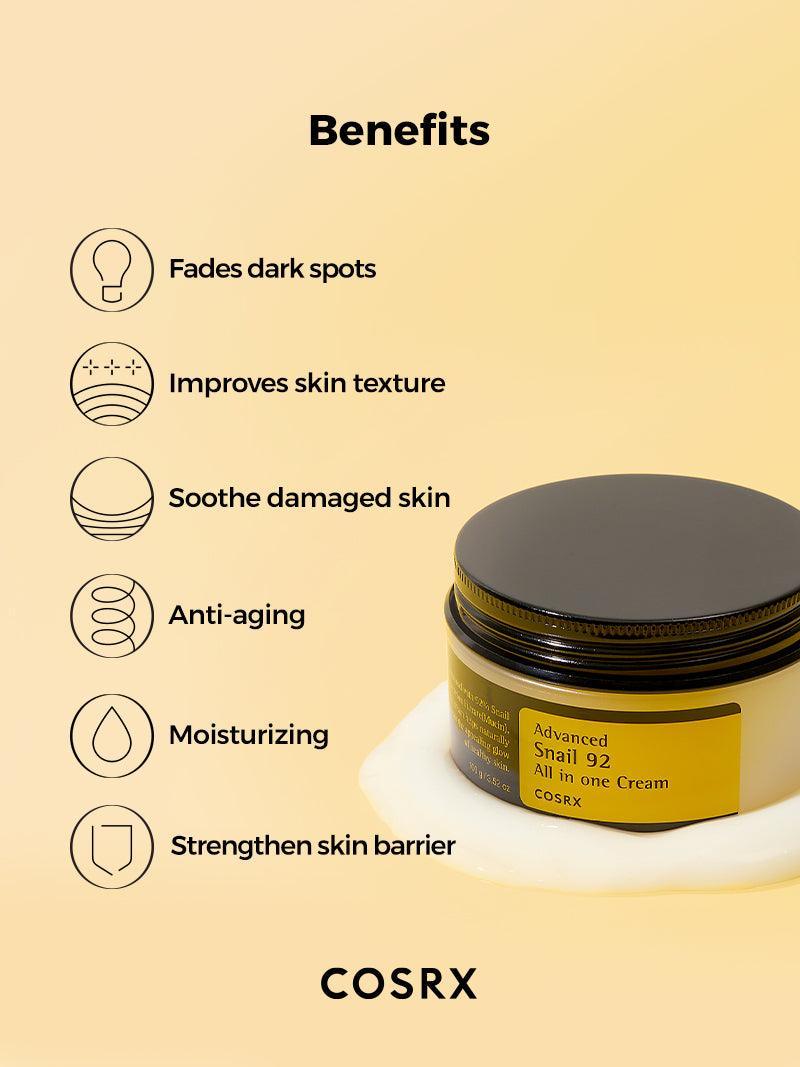 COSRX Snail 92 cream benefits graphic listing dark spot appearance, skin texture, hydration, barrier support and aging care.