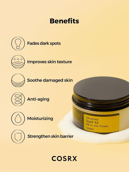 COSRX Snail 92 cream benefits graphic listing dark spot appearance, skin texture, hydration, barrier support and aging care.