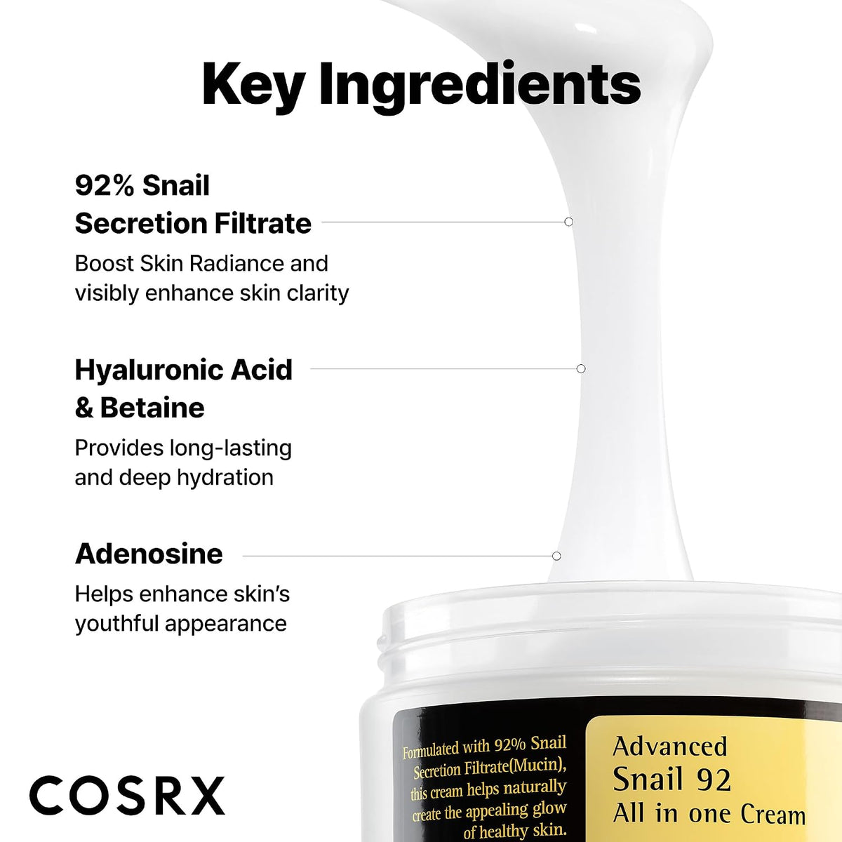 COSRX Snail 92 cream ingredient graphic highlighting 92% snail secretion filtrate, hyaluronic acid, betaine and adenosine.