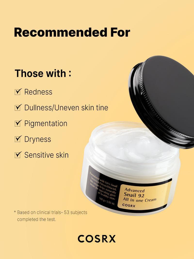 COSRX Snail 92 cream jar beside a recommended-concerns list for redness, dullness, pigmentation, dryness and sensitive skin.