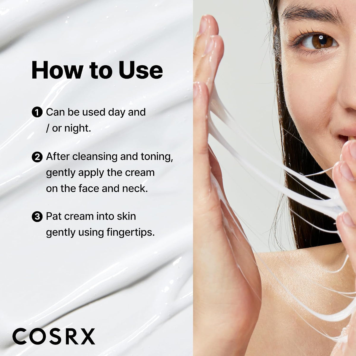 Woman stretching COSRX Snail 92 cream between her fingers beside day and night application directions.