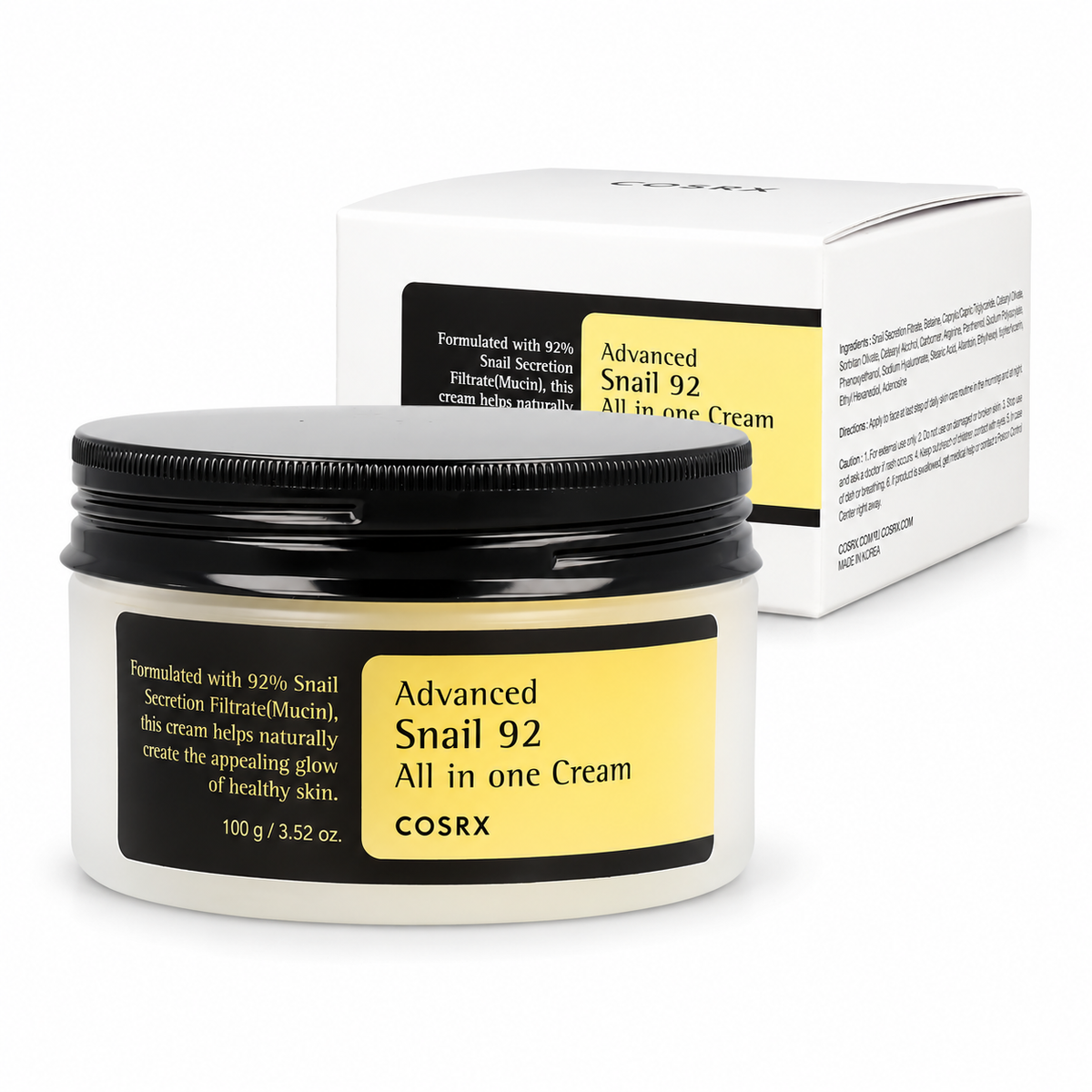 Front of the COSRX Advanced Snail 92 All in One Cream 100g jar with its black lid, beside the white carton on a white background.