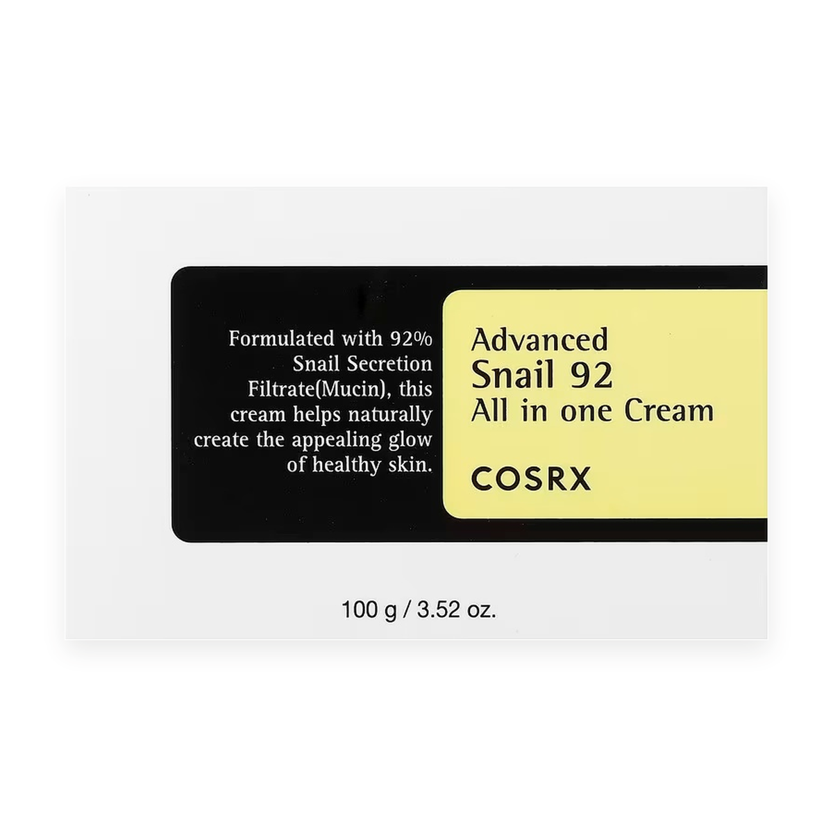 Front panel of the COSRX Advanced Snail 92 All in One Cream carton showing the yellow and black label and 100g size.