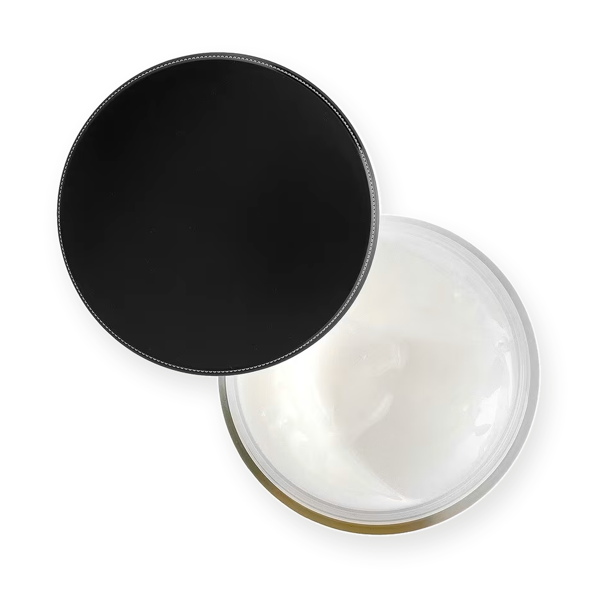 Top view of an open COSRX Advanced Snail 92 cream jar with white cream and a black lid resting at an angle.