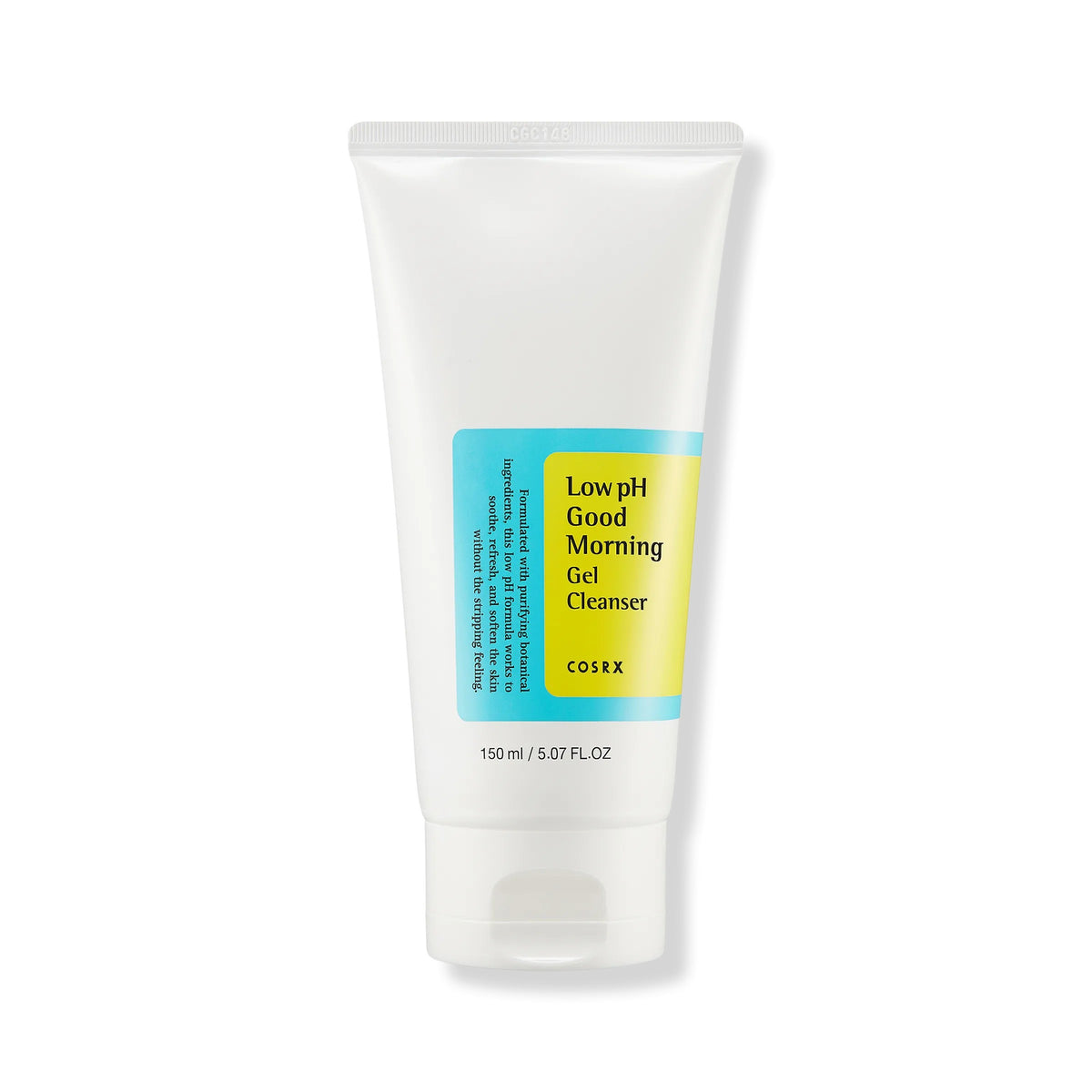 Front of the COSRX Low pH Good Morning Gel Cleanser 150ml tube with a turquoise and yellow label and white flip-top cap.