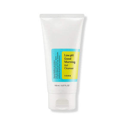Front of the COSRX Low pH Good Morning Gel Cleanser 150ml tube with a turquoise and yellow label and white flip-top cap.
